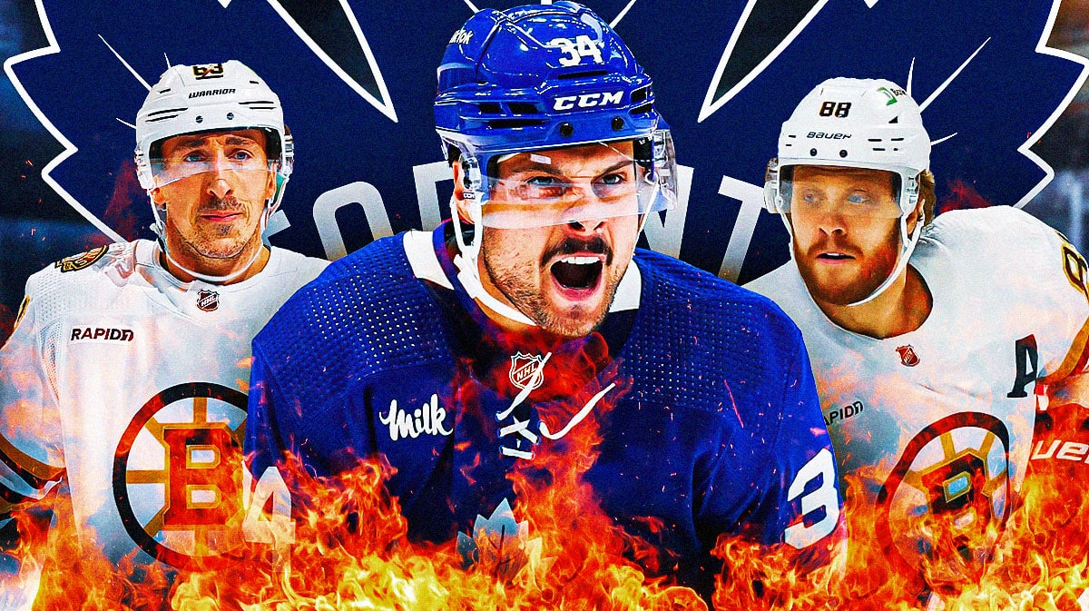 Auston Matthews in image looking happy with fire around him, Brad Marchand and David Pastrnak on either side looking stern, hockey rink in background, TOR Maple Leafs logo