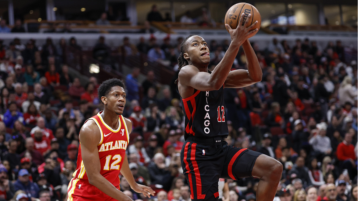 Chicago Bulls guard Ayo Dosunmu (12) drives to the basket against the Atlanta Hawks during the first half at United Center.