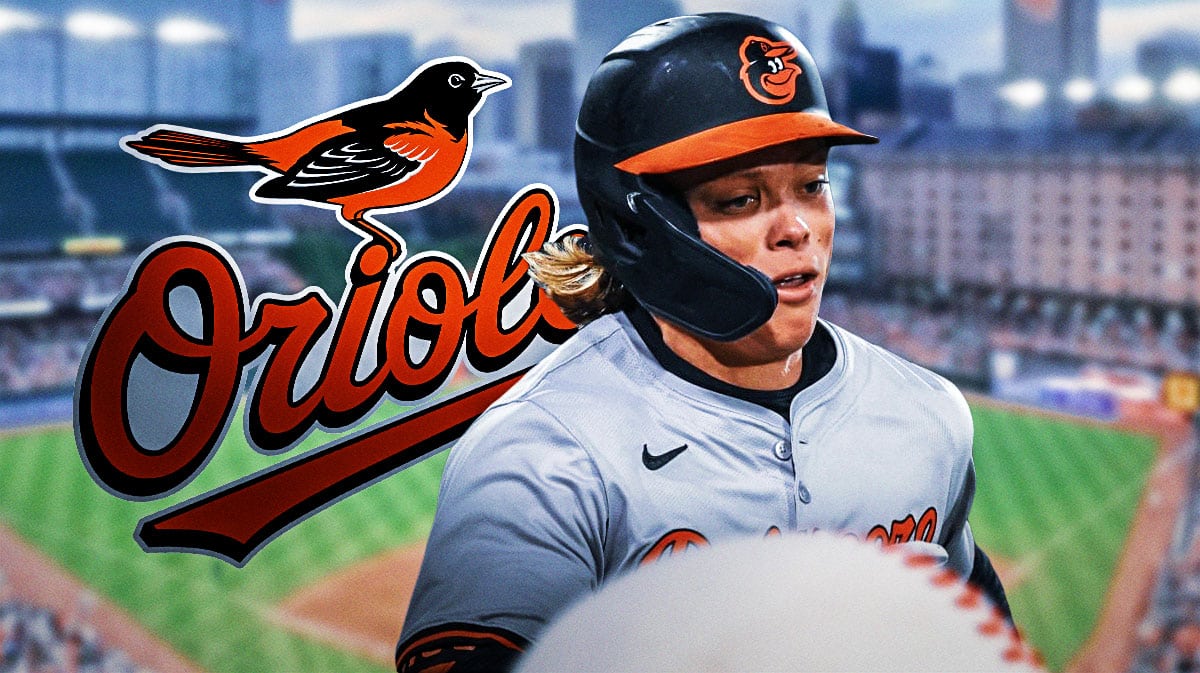 Jackson Holliday next to an Orioles logo