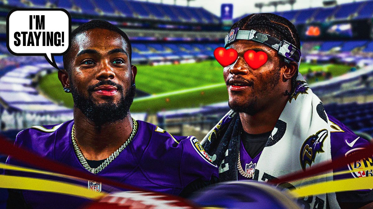 Rashod Bateman on one side with a speech bubble that says "I'm staying!", Lamar Jackson on the other side with hearts in his eyes