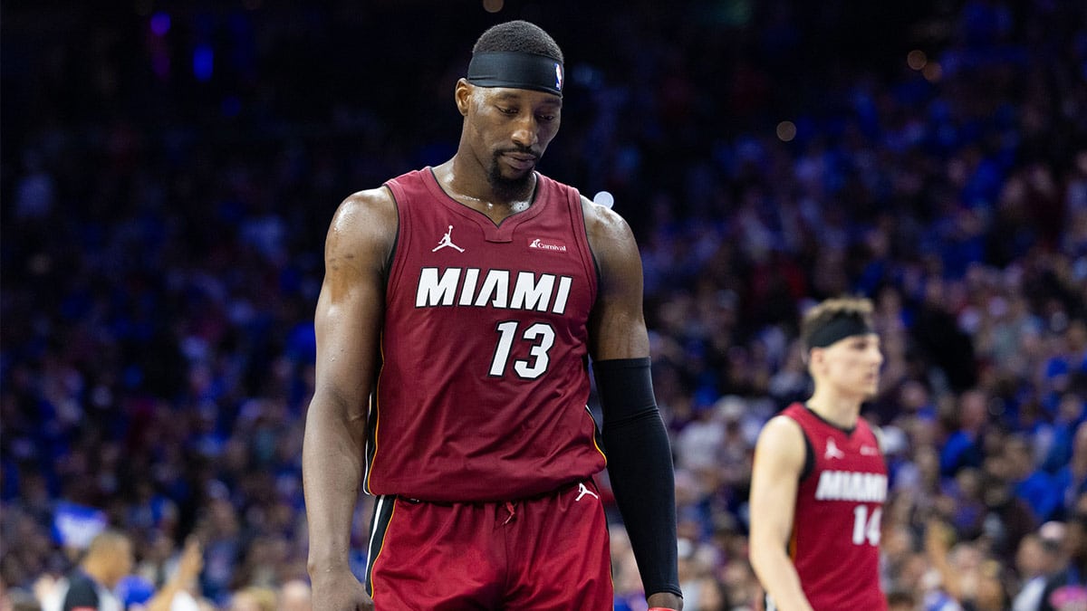 Miami Heat center Bam Adebayo (13) looks on after a Philadelphia 76ers score during the fourth quarter of a play-in game of the 2024 NBA playoffs at Wells Fargo Center. 