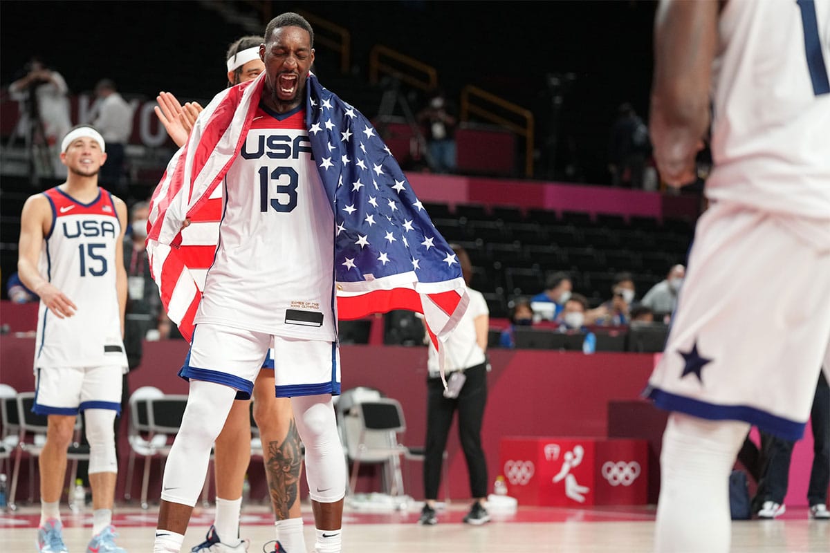 USA player Bam Adebayo (13) reacts after winning the gold medal game during the Tokyo 2020 Olympic Summer Games at Saitama Super Arena.