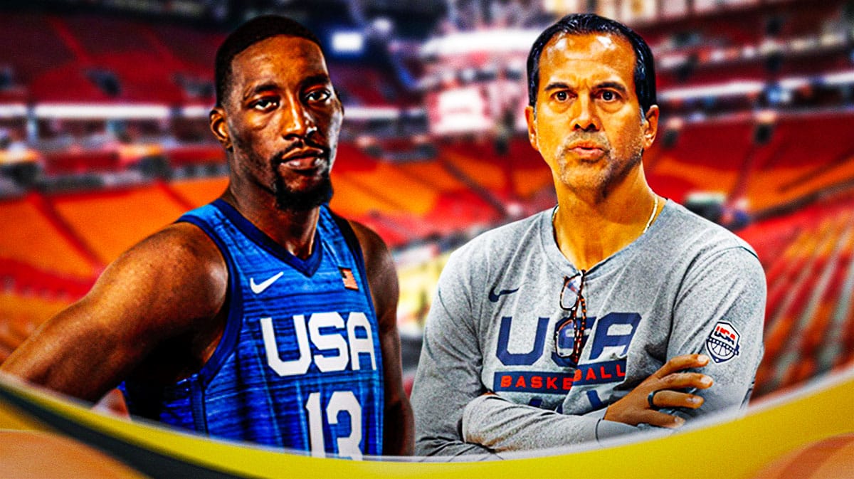 Miami Heat star Bam Adebayo and head coach Erik Spoelstra in Team USA garb in front of the Kaseya Center.