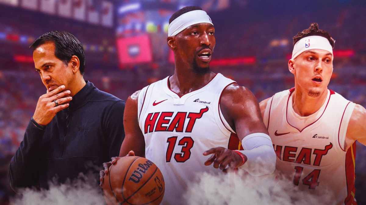 Miami Heat stars Bam Adebayo and Tyler Herro next to head coach Erik Spoelstra in front of the Kaseya Center.