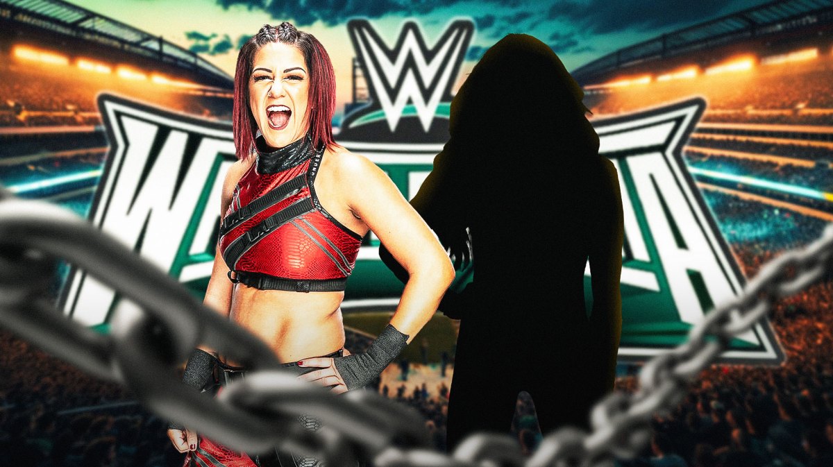 Bayley next to the blacked-out silhouette of Trish Stratus with the WrestleMania 40 logo as the background.