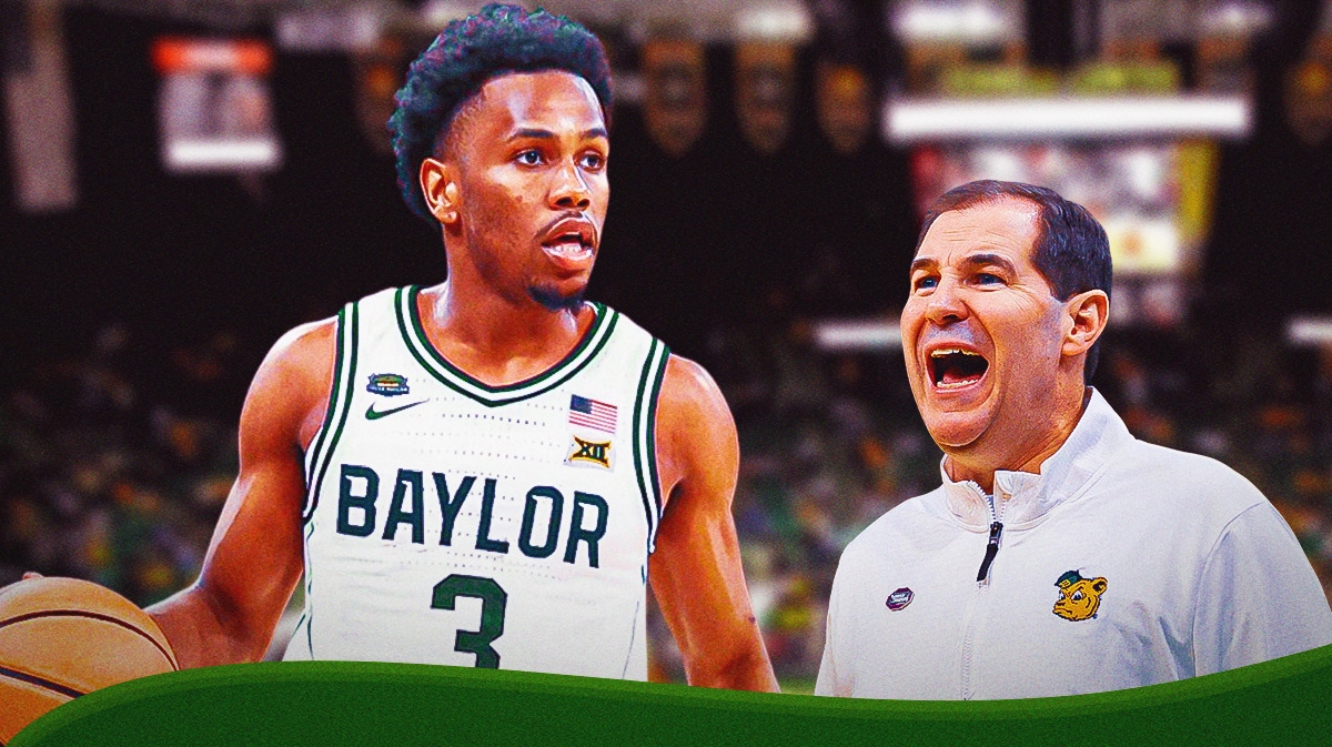 Jeremy Roach in a Baylor uniform, Scott Drew next to him
