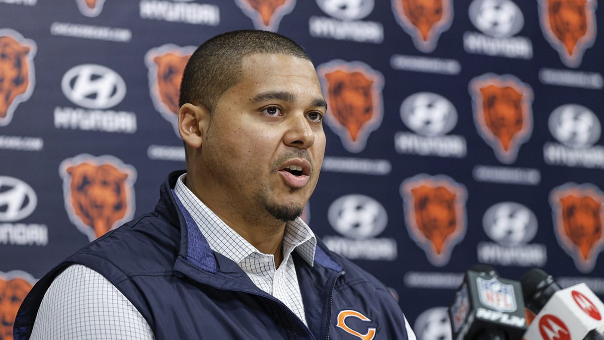 Chicago Bears general manager Ryan Poles speaks during a press conference at Halas Hall.