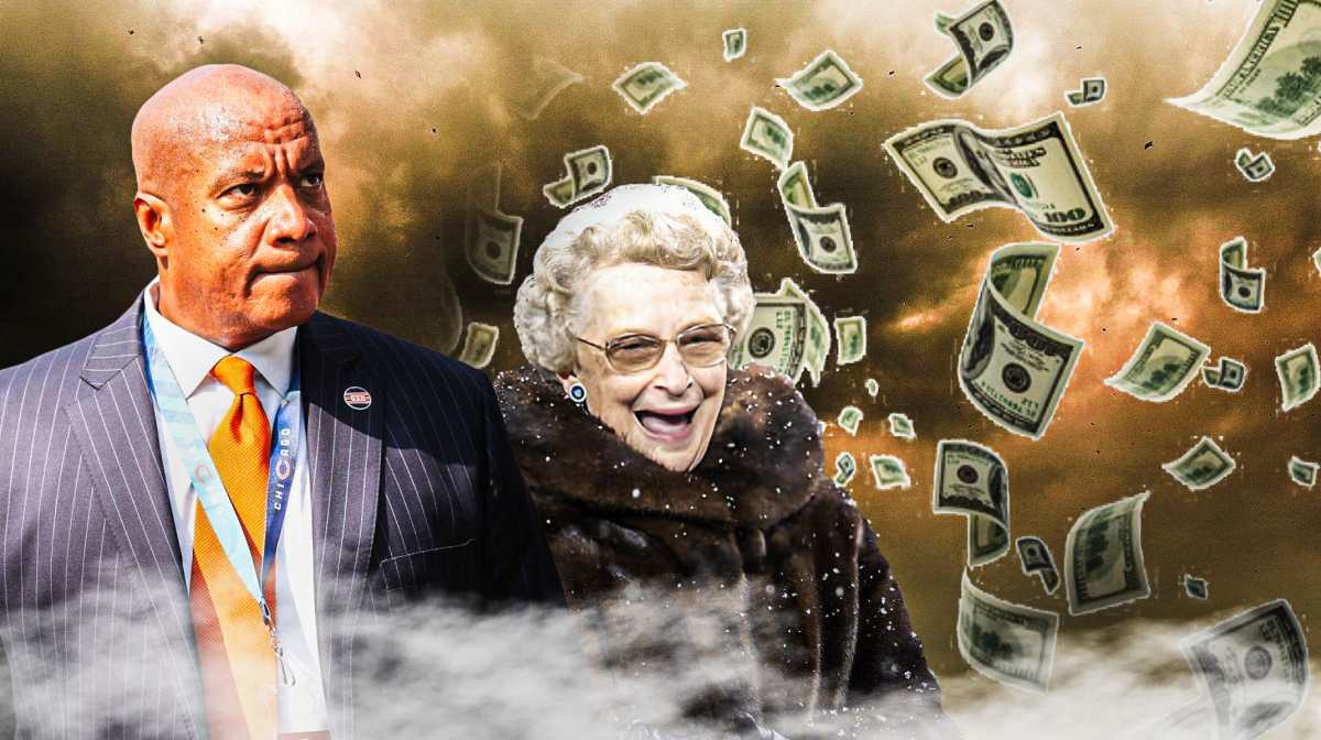 Bears Virginia McCaskey and Kevin Warren surrounded by money