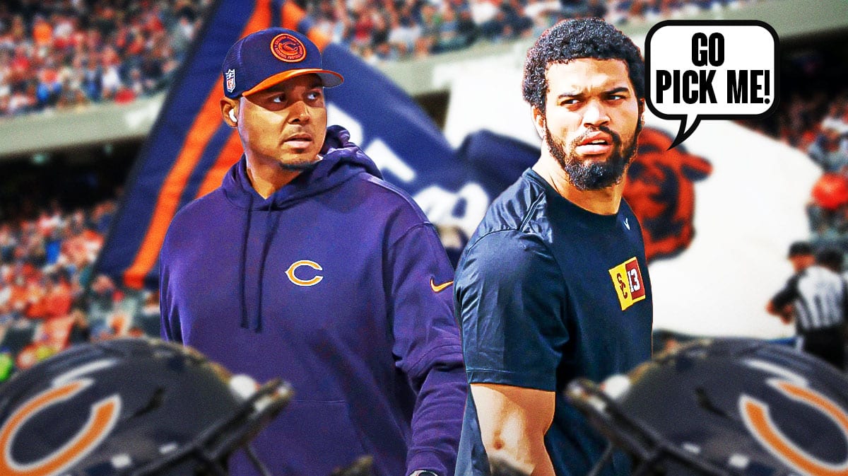 Bears' Caleb Williams talking to Ryan Poles