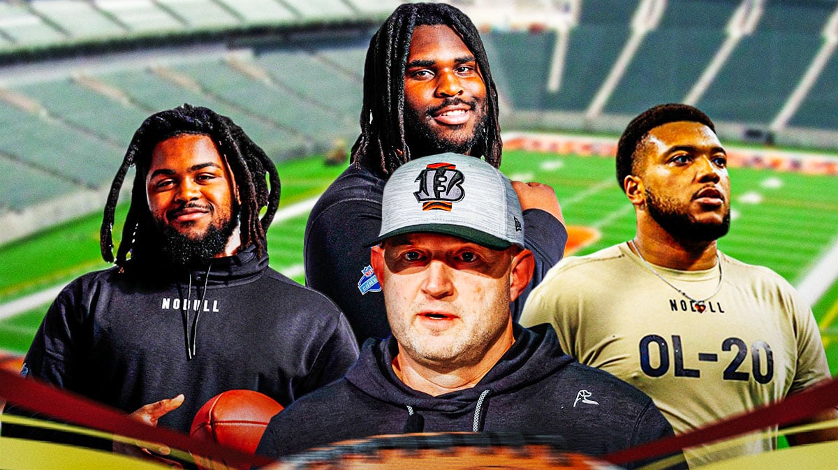 GM Duke Tobin in the middle, Johnny Newton, T'Vondre Sweat, Blake Fisher around him, and Cincinnati Bengals wallpaper in the background