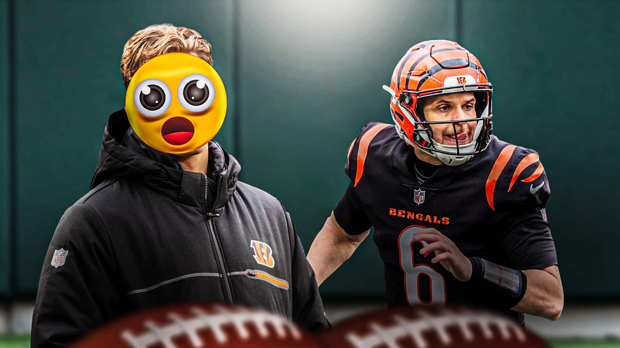 Joe Burrow on one side with the big eyes emoji over his facem Jake Browning on the other side