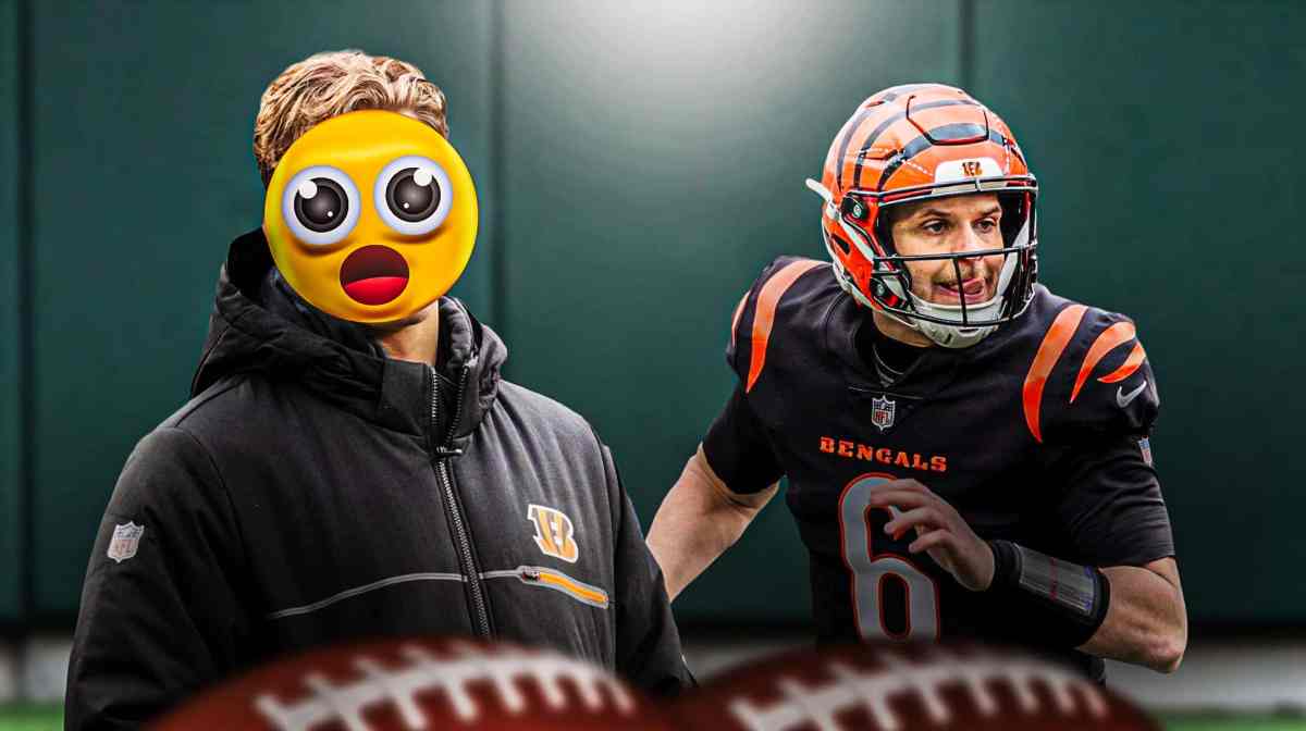 Joe Burrow on one side with the big eyes emoji over his facem Jake Browning on the other side
