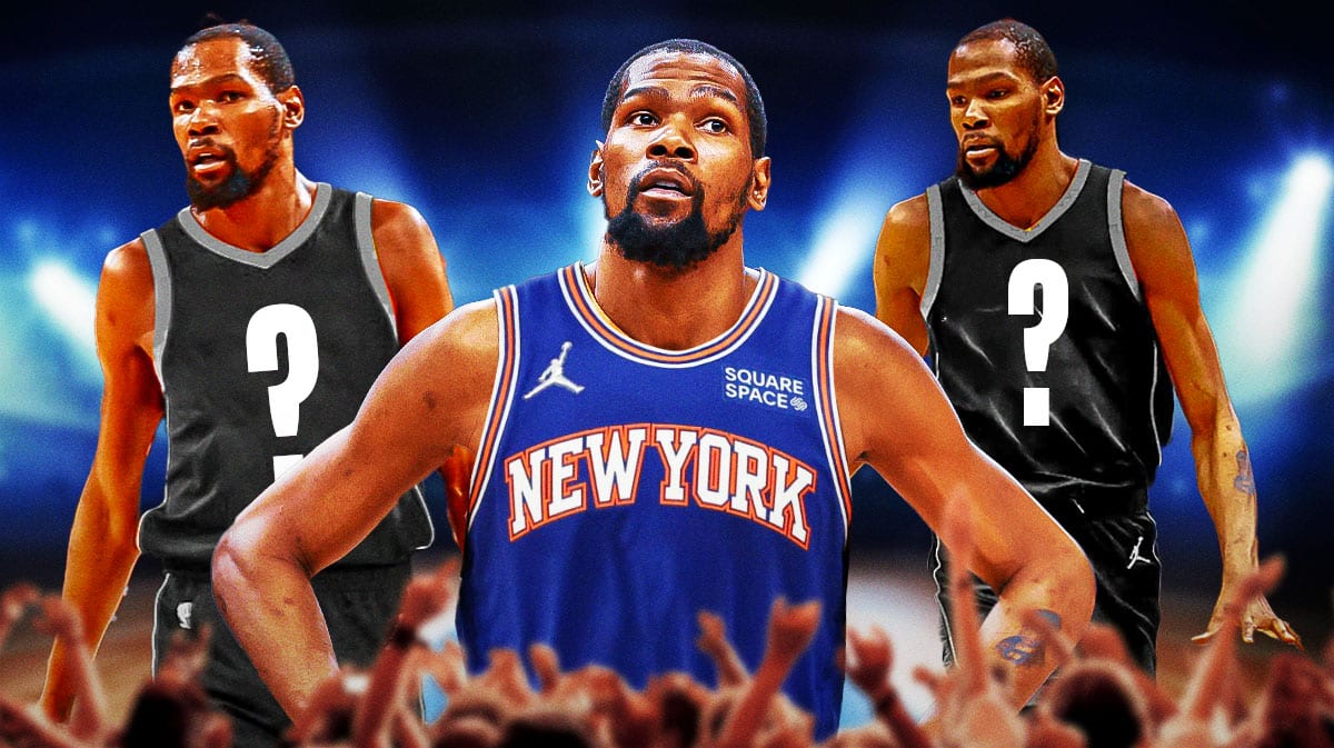 3 images of Kevin Durant - one in the middle in a Knicks jersey and the other 2 with blank white jerseys with question marks on them representing teams a trade might happen to.
