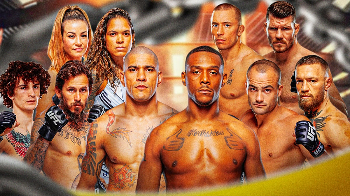 In one corner is Sean O'Malley and Marlon Vera. In another corner is Conor McGregor and Eddie Alvarez. In another corner is Miesha Tate and Amanda Nunes. In the final corner is Michael Bisping and Georges St-Pierre. In the middle is Alex Pereira and Jamahal Hill. UFC octagon as the background.