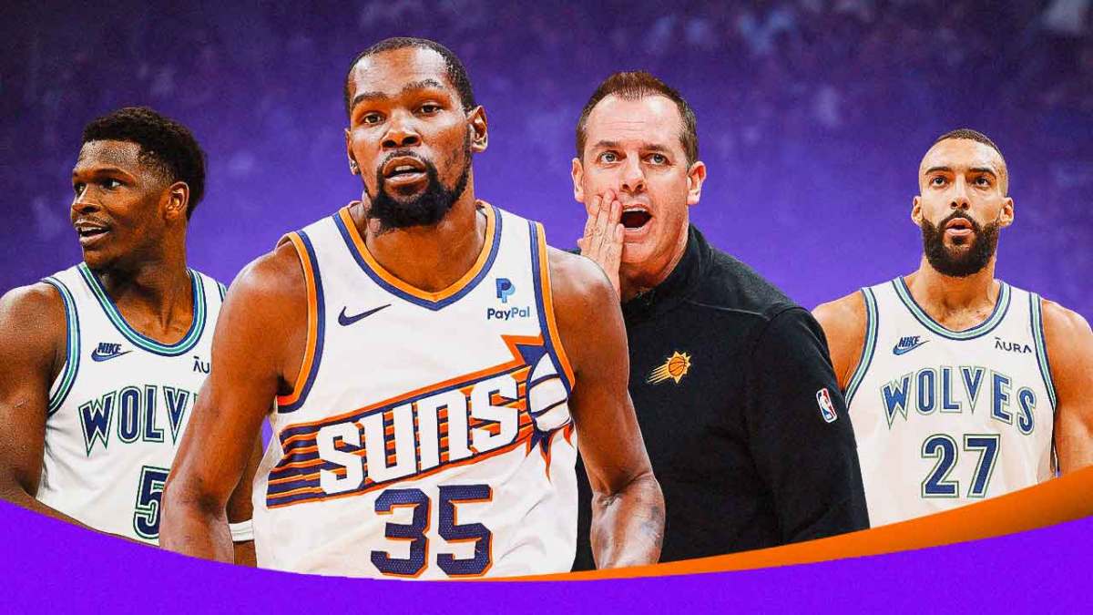 Suns' Kevin Durant and Frank Vogel with Timberwolves' Anthony Edwards and Rudy Gobert
