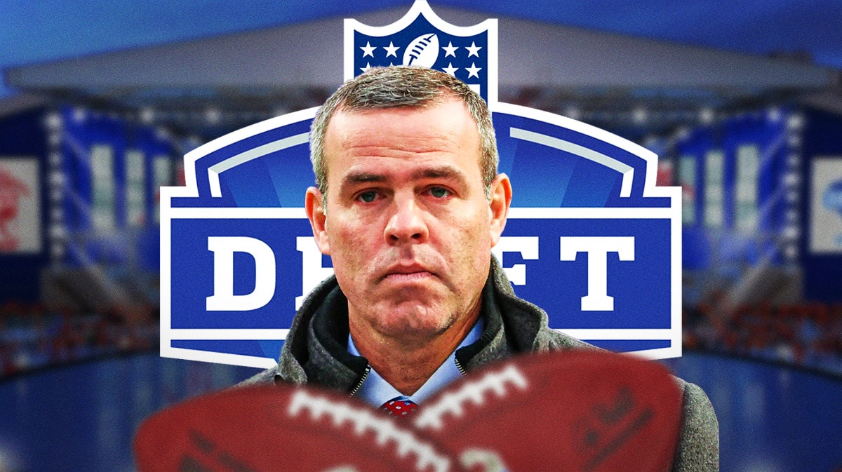 Bills' Brandon Beane in front of the NFL Draft logo