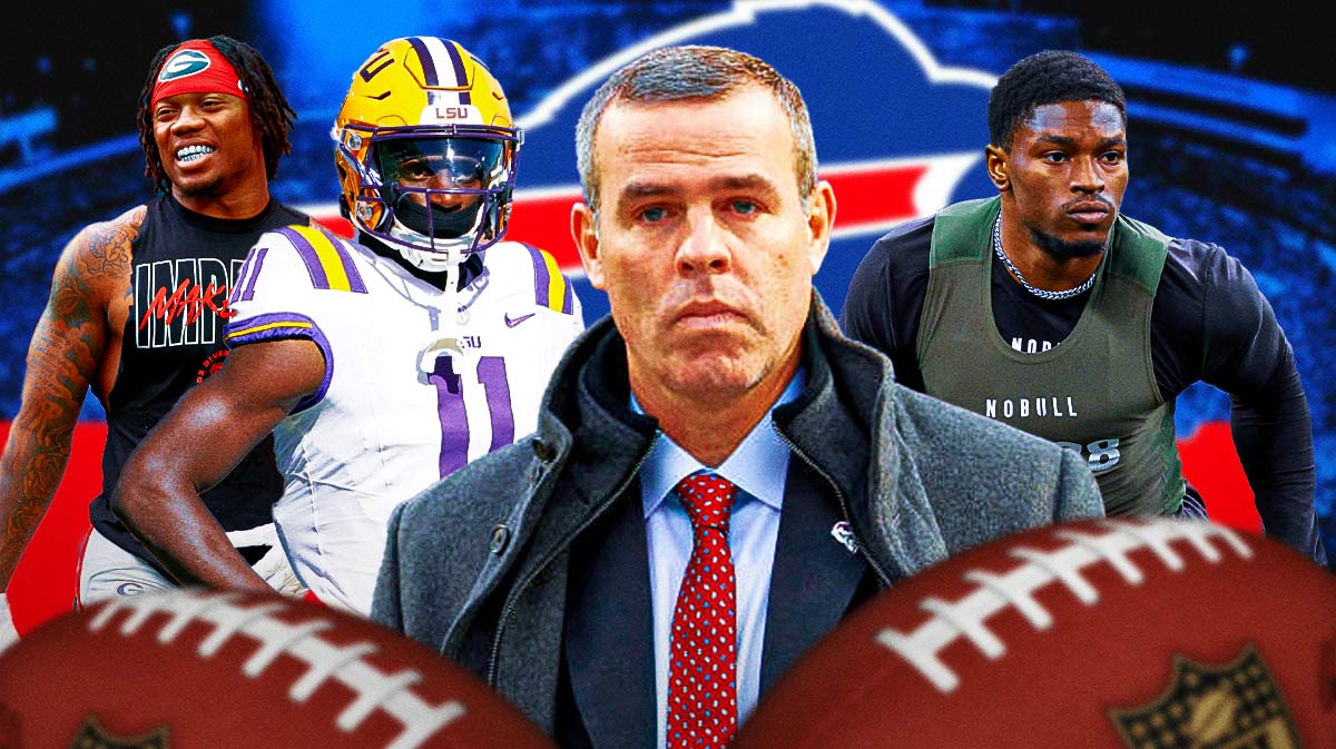 Javon Foster, Dominick Puni, Brenden Rice in the middle, Derek Carr and GM Mickey Loomis around them, and Buffalo Bills wallpaper in the background