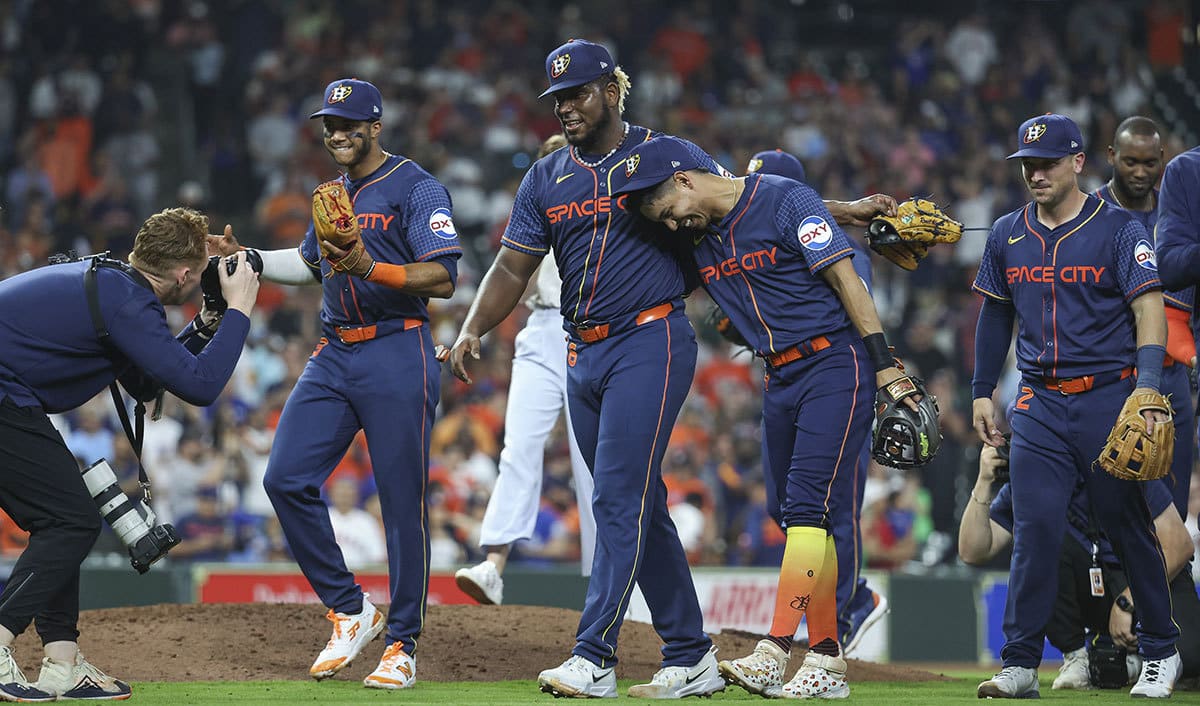 Houston Astros starting pitcher Ronel Blanco (56) walks off the mound after pitching a no-hitter against the Toronto Blue Jays at Minute Maid Park. 