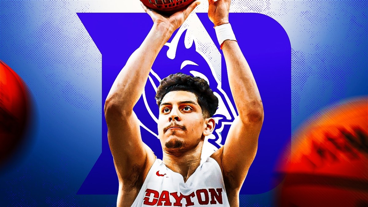 Koby Brea in Dayton basketball jersey, Duke basketball logo