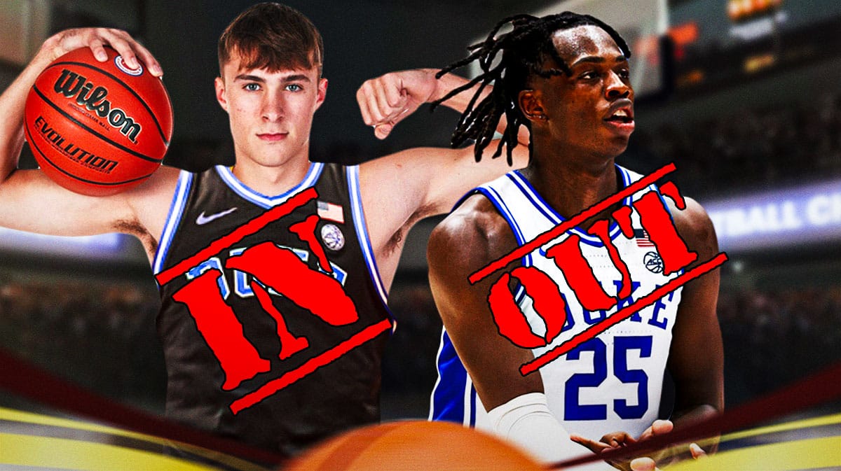 Cooper Flagg in Duke gear with "IN" stamped over him next to Duke player Mark Mitchell with "OUT" stamped over him.