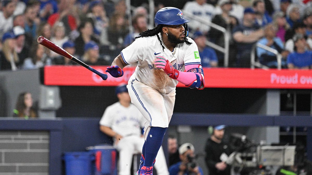 Toronto Blue Jays first baseman Vladimir Guerrero Jr. (27) hits an RBI double against the Seattle Mariners in the fourth inning at Rogers Centre