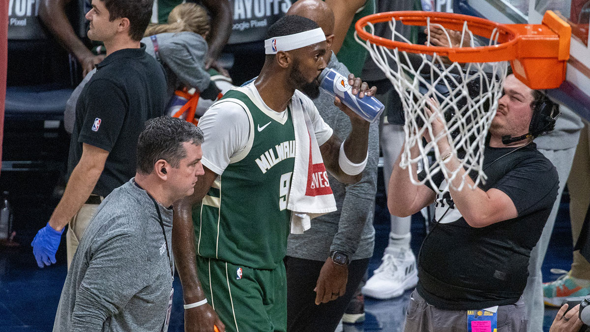 Milwaukee Bucks forward Bobby Portis (9) is ejected during game four of the first round for the 2024 NBA playoffs against the Indiana Pacers at Gainbridge Fieldhouse