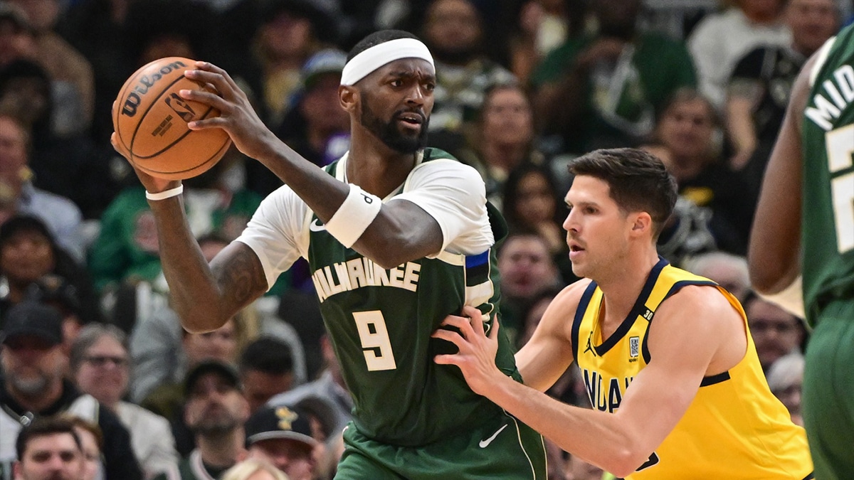 Milwaukee Bucks forward Bobby Portis (9) looks for a shot against Indiana Pacers forward Doug McDermott (20) in the second quarter during game one of the first round for the 2024 NBA playoffs at Fiserv Forum. 