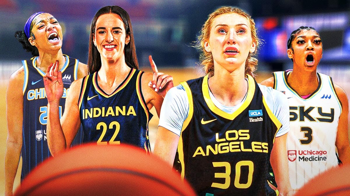 Indiana Fever player Caitlin Clark, Los Angeles Sparks player Cameron Brink, Chicago Sky players Kamilla Cardoso and Angel Reese