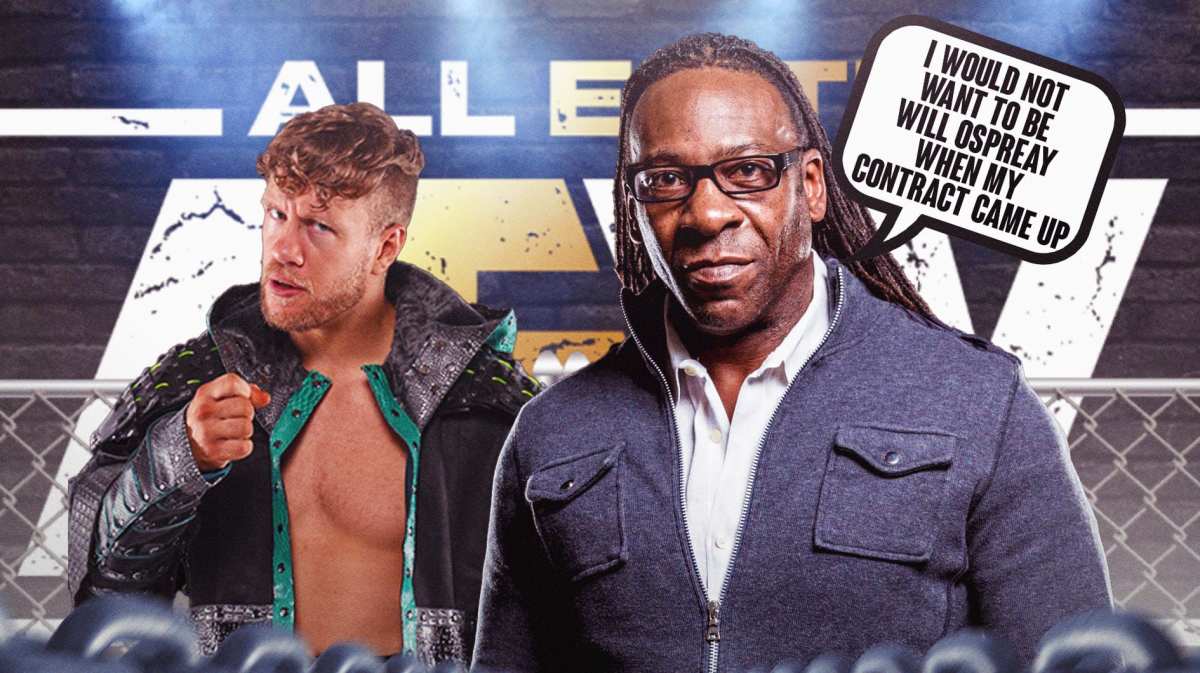 Booker T with a text bubble reading, "I would not want to be Will Ospreay when my contract came up" next to Will Ospreay with the AEW logo as the background.