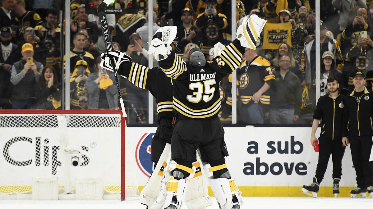 Boston Bruins goaltender Jeremy Swayman (1) and goaltender Linus Ullmark (35) celebrate after defeating the Toronto Maple Leafs in game one of the first round of the 2024 Stanley Cup Playoffs at TD Garden.