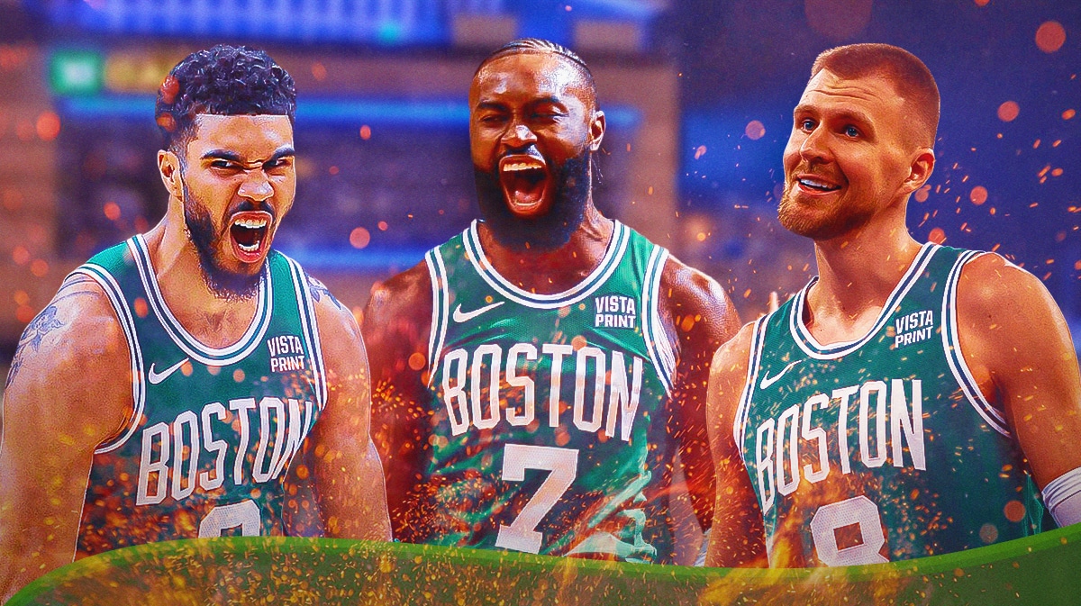 image idea: Jayson Tatum, Jaylen Brown, and Kristaps Porzingis all looking hyped in celtics jerseys with flames around them