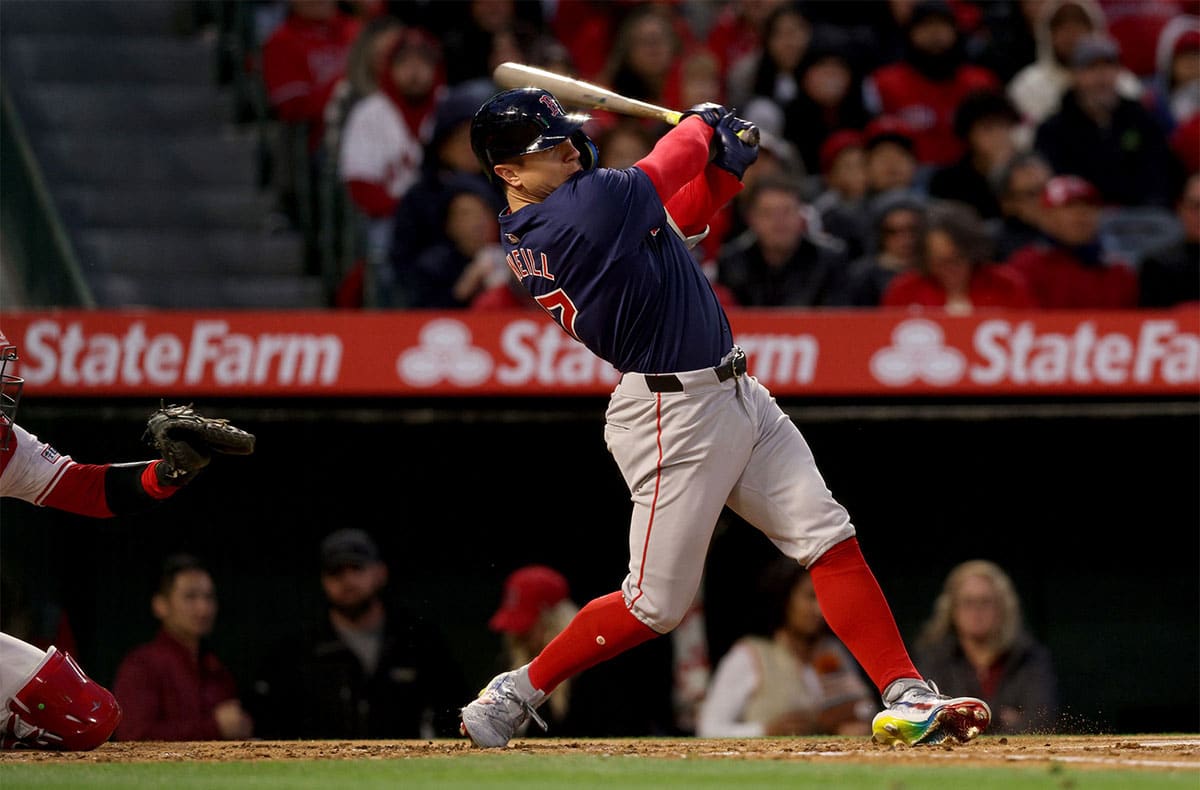 Boston Red Sox outfielder Tyler O'Neill (17) hits a home run during the second inning against the Los Angeles Angels at Angel Stadium. 