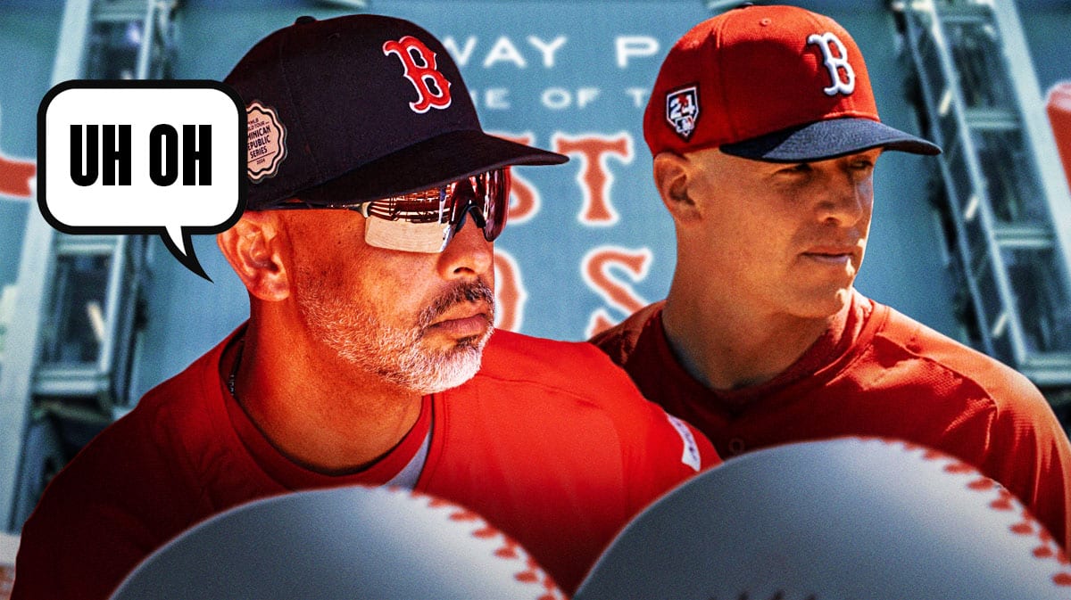 Nick Pivetta on one side with an injury kit in front of him, Alex Cora on the other side with a speech bubble that says "Uh oh"