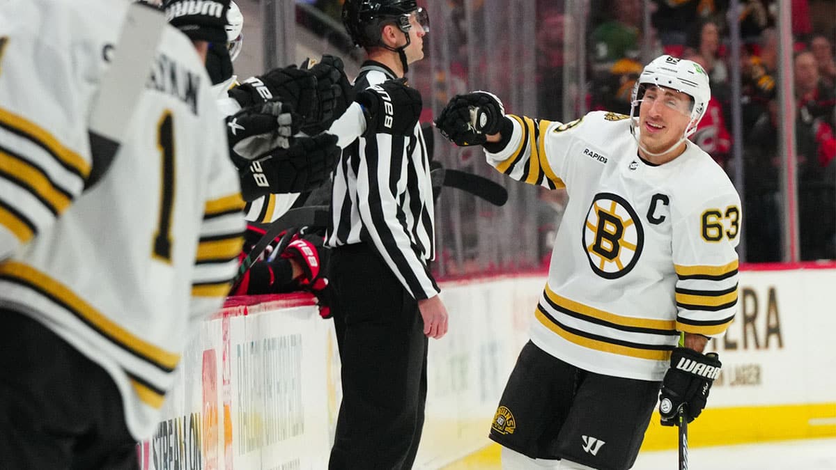 Boston Bruins left wing Brad Marchand (63) celebrates his goal against the Carolina Hurricanes during the first period at PNC Arena.
