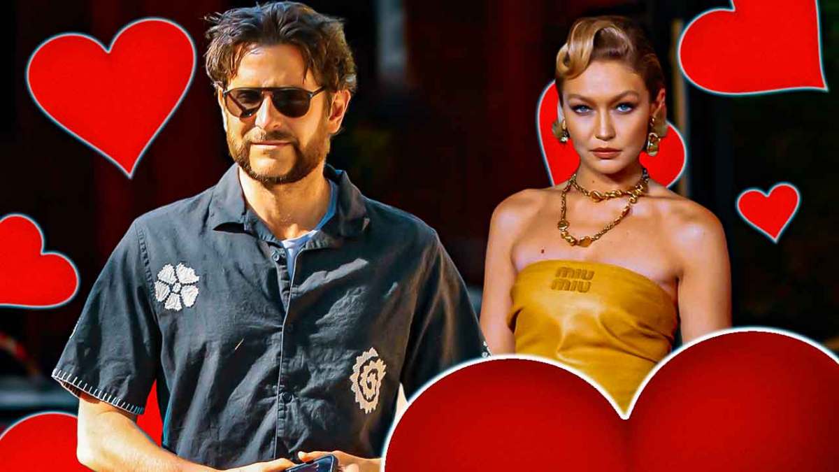 Bradley Cooper and Gigi Hadid surrounded by hearts.