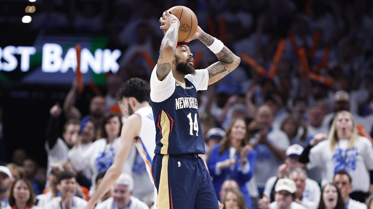 New Orleans Pelicans forward Brandon Ingram (14) reacts to an offensive foul call against him on a play against the Oklahoma City Thunder during the fourth quarter of game one of the first round for the 2024 NBA playoffs at Paycom Center