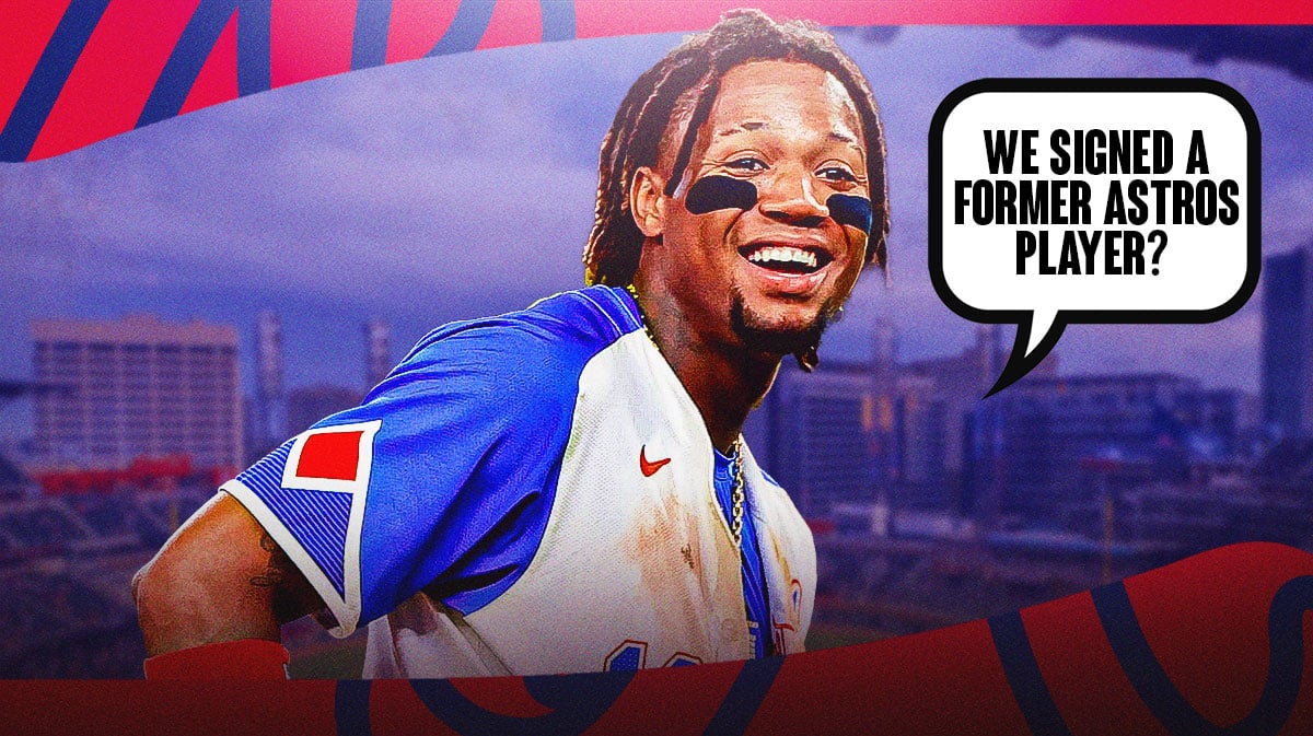 Braves' Ronald Acuna Jr. saying the following: We signed a former Astros player? Braves' logo in background.