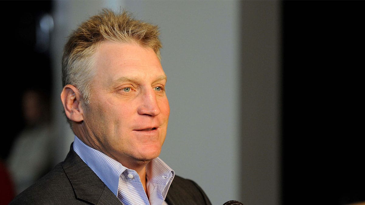 Dallas Stars former player Brett Hull answers questions during a press conference introducing new owner Tom Gaglardi (not pictured) at the American Airlines Center.