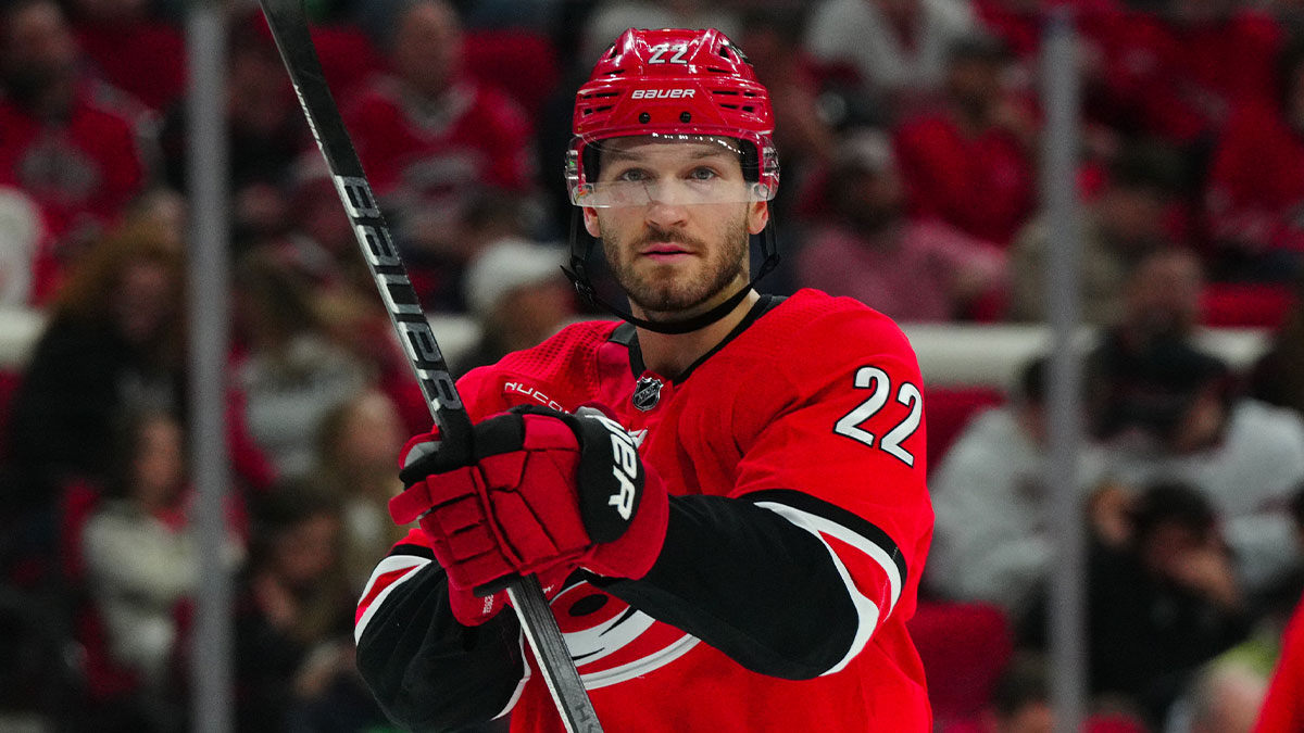 Carolina Hurricanes defenseman Brett Pesce (22) looks on against the Detroit Red Wings during the second period at PNC Arena.
