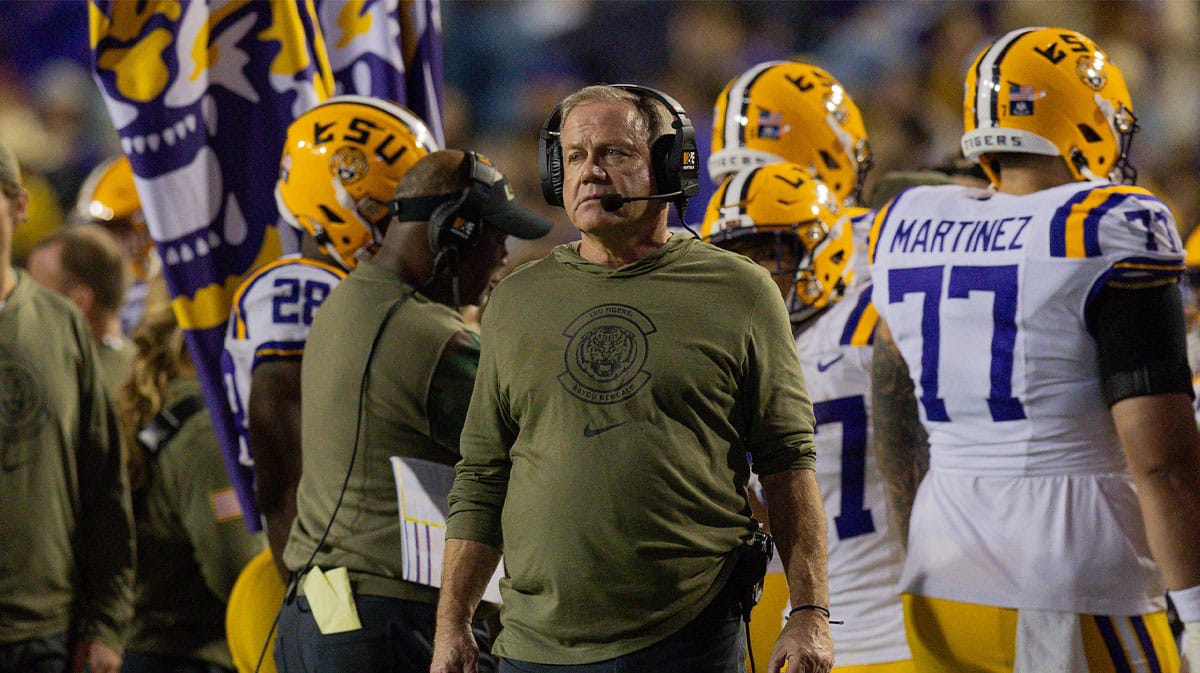 LSU Tigers head coach Brian Kelly looks on against the Florida Gators during the second half at Tiger Stadium.