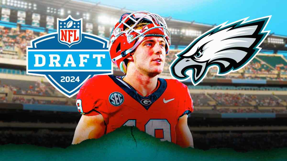 Georgia football's Brock Bowers stands next to Eagles logo amid trade reporters, NFL Draft logo