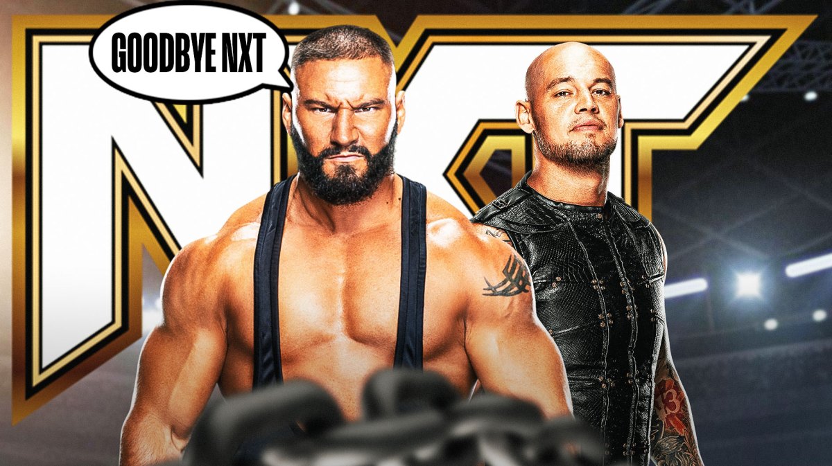 Bron Breakker with a text bubble reading "Goodbye NXT" next to Baron Corbin with the NXT logo as the background.