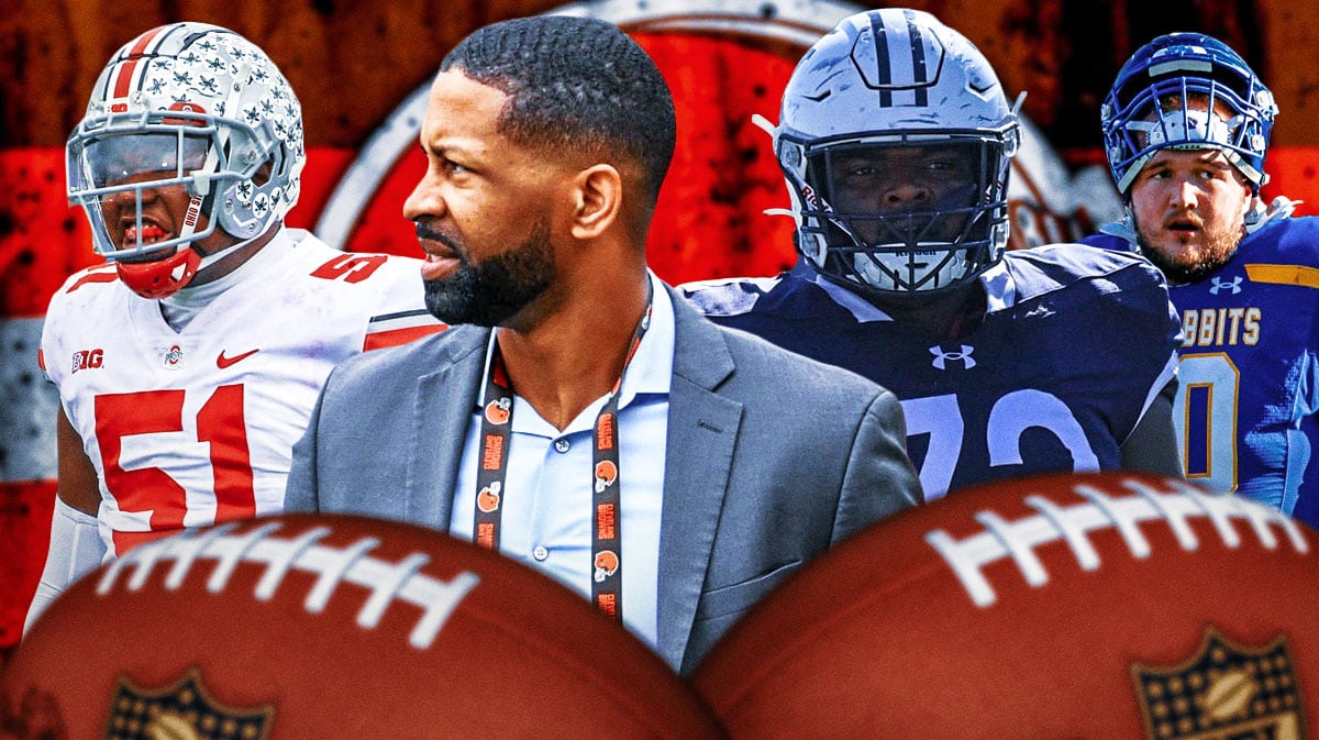 GM Andrew Berry in the middle, Michael Hall Jr, Kiran Amegadjie, Mason McCormick around him, and Cleveland Browns wallpaper in the background