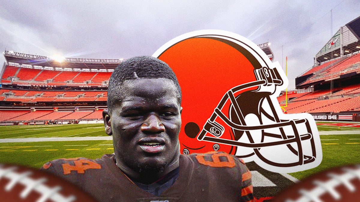Offensive lineman Germain Ifedi in a Cleveland Browns jersey swap next to the logo for the Cleveland Browns