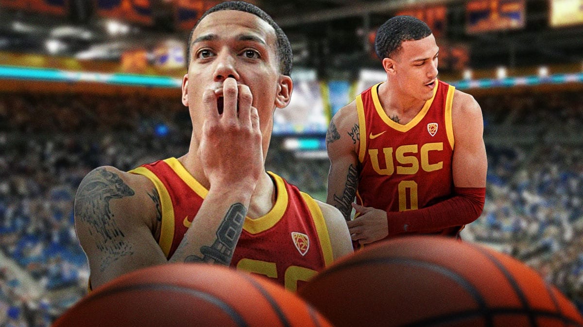 USC basketball, UCLA basketball, Kobe Johnson, Kobe Johnson UCLA, transfer portal, Kobe Johnson with UCLA basketball arena in the background