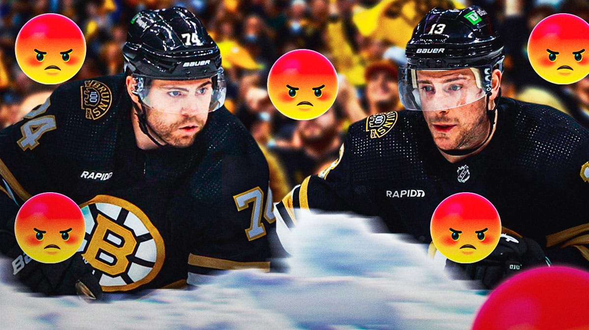 Jake DeBrusk and Charlie Coyle on one side, a bunch of Boston Bruins fans on the other side with angry emojis over their faces