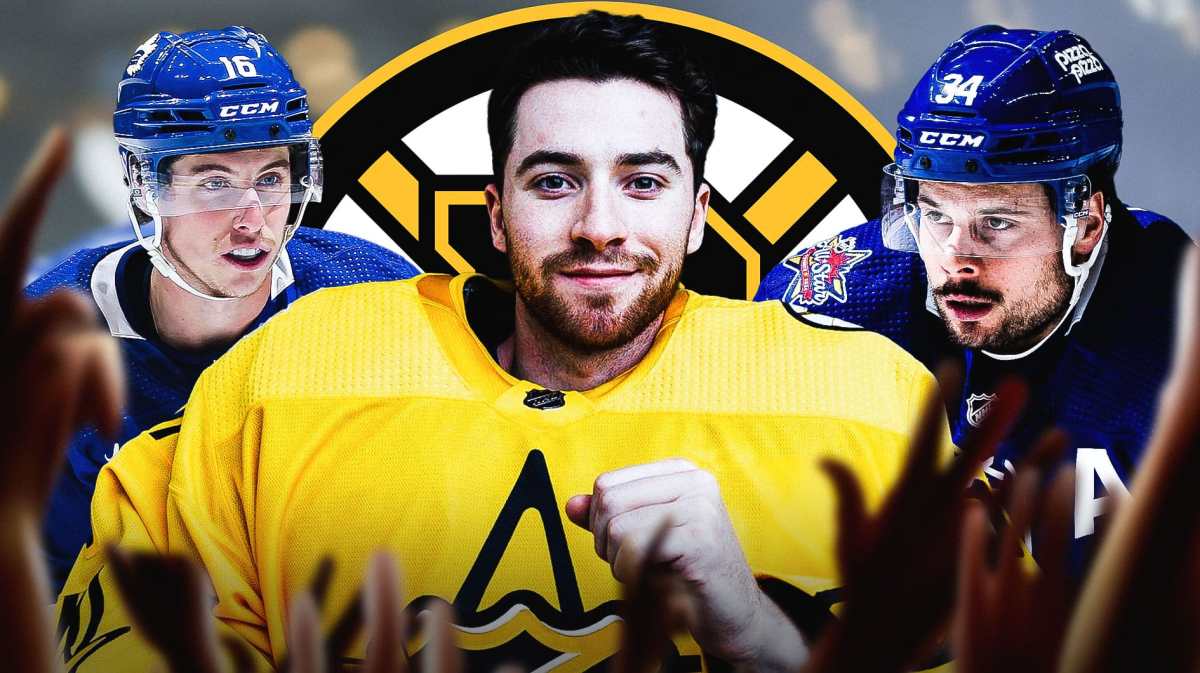 Jeremy Swayman in middle of image with fire around him looking happy, Auston Matthews and Mitch Marner on either side looking stern, BOS Bruins logo, hockey rink in background
