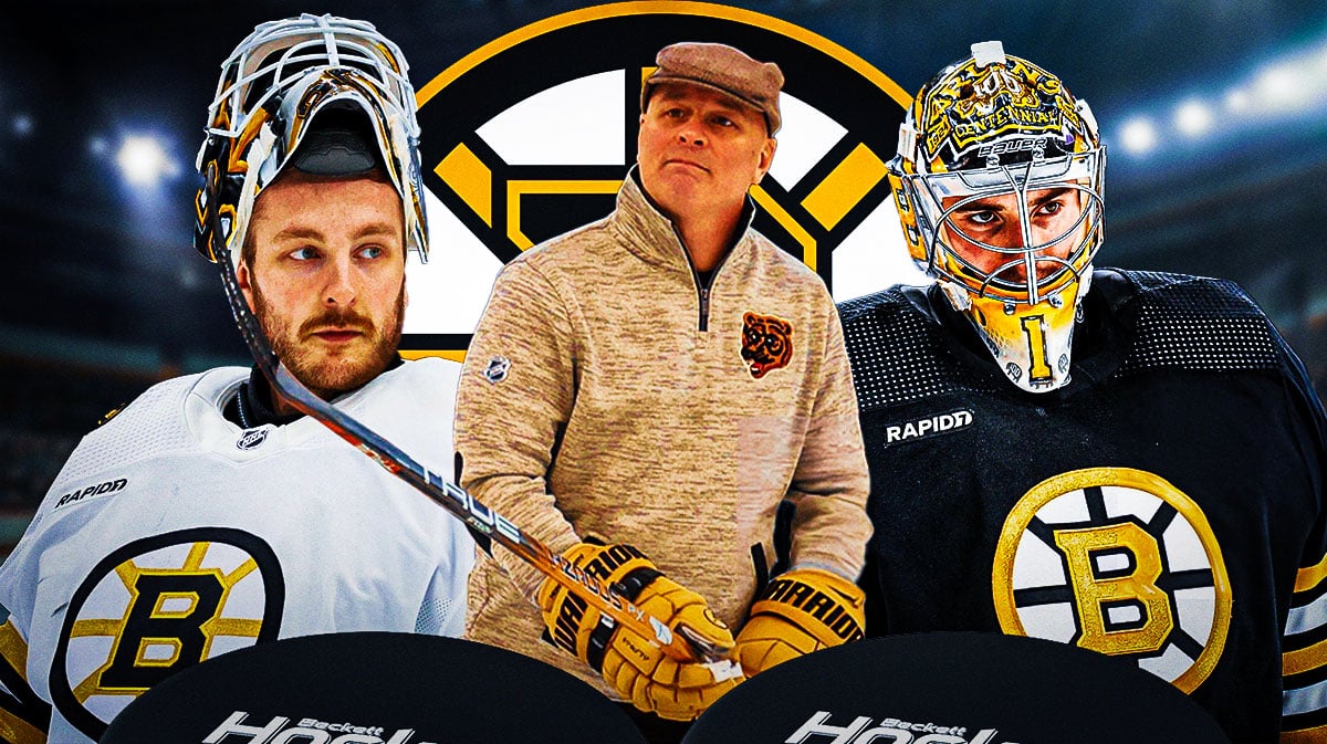 Jim Montgomery in middle, Jeremy Swayman and Linus Ullmark on either side, Boston Bruins logo, 3-5 question marks, hockey rink in background