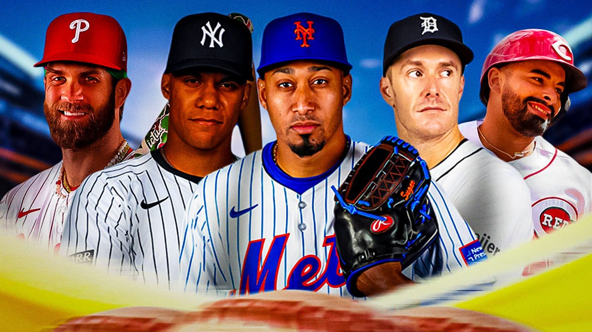 Collage of MLB stars Bryce Harper (Phillies), Juan Soto (Yankees), Edwin Diaz (Mets), Mark Canha (Tigers), and Christian Encarnacion-Strand (Reds)