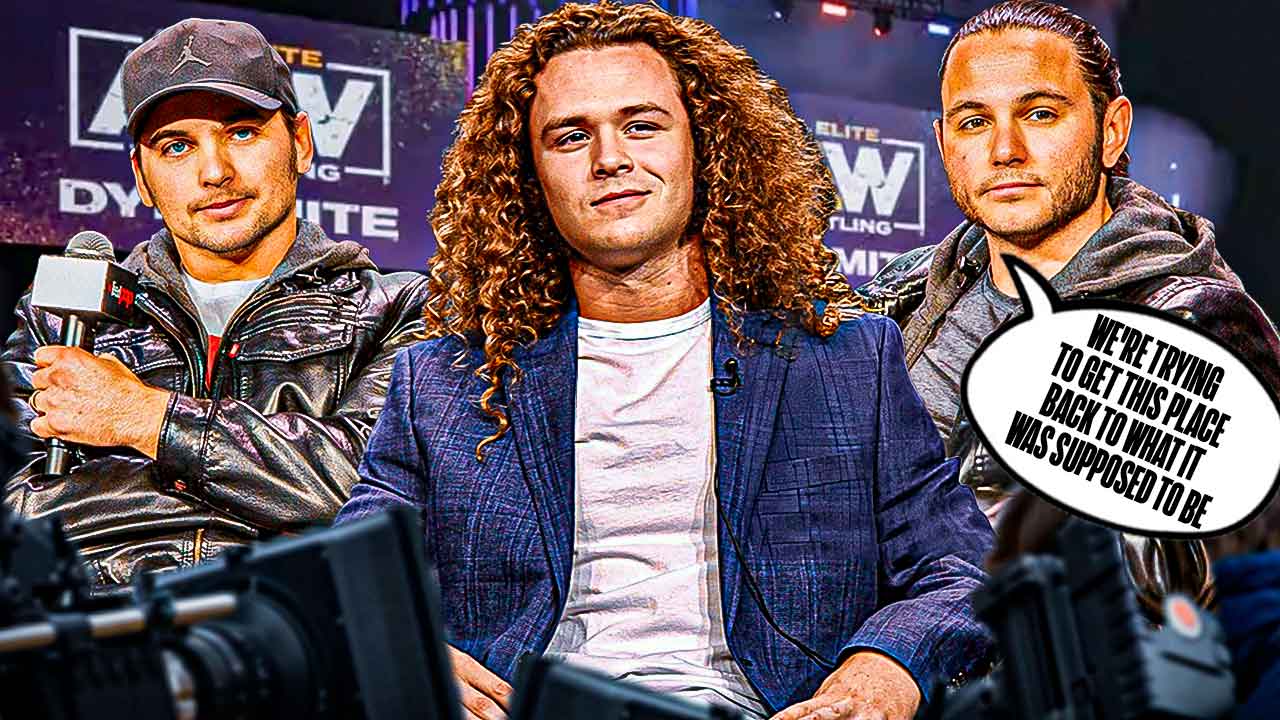 Matthew Jackson of the Young Bucks with a text bubble reading "We're trying to get this place back to what it was supposed to be" nexto to Nicholas Jackson of the Young Bucks and Jack Perry with the AEW logo as the background.